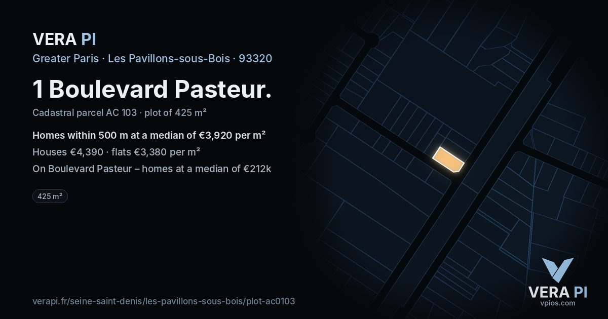 1 Boulevard Pasteur, Les Pavillons-sous-Bois at night – the plot lit, the parcels around coloured by the prices near them