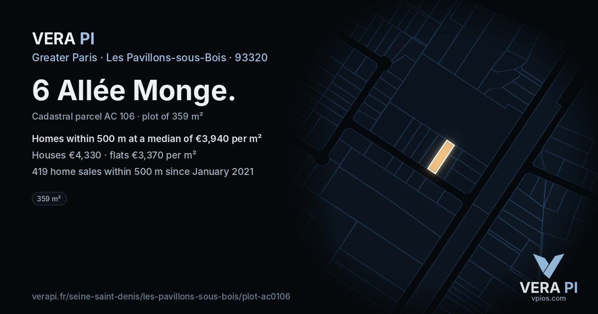 6 Allée Monge, Les Pavillons-sous-Bois at night – the plot lit, the parcels around coloured by the prices near them