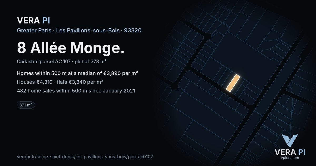8 Allée Monge, Les Pavillons-sous-Bois at night – the plot lit, the parcels around coloured by the prices near them