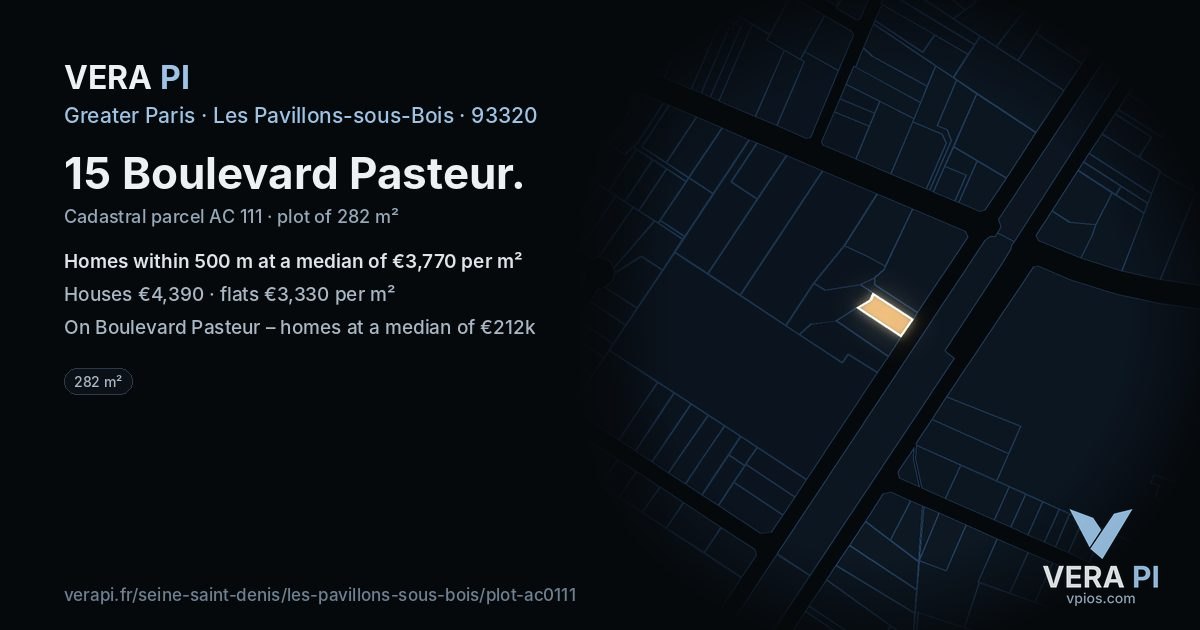 15 Boulevard Pasteur, Les Pavillons-sous-Bois at night – the plot lit, the parcels around coloured by the prices near them