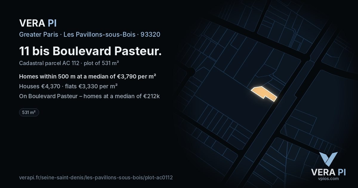 11 bis Boulevard Pasteur, Les Pavillons-sous-Bois at night – the plot lit, the parcels around coloured by the prices near them