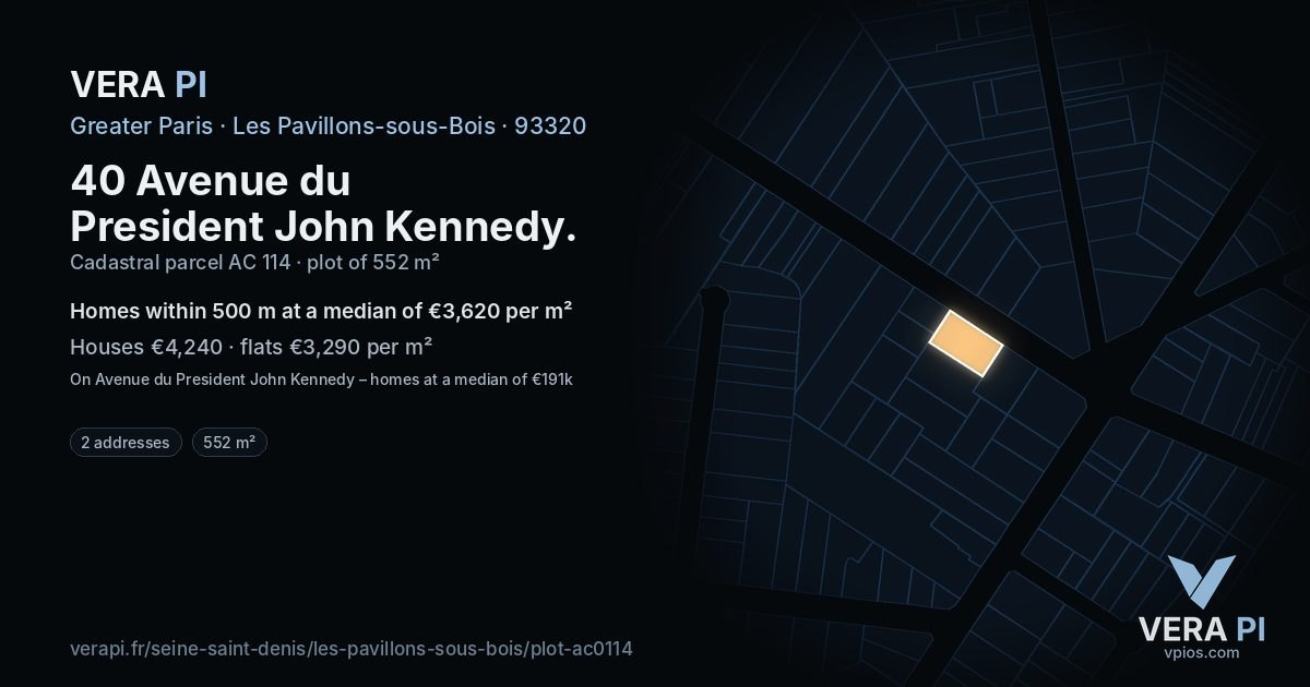 40 Avenue du President John Kennedy, Les Pavillons-sous-Bois at night – the plot lit, the parcels around coloured by the prices near them
