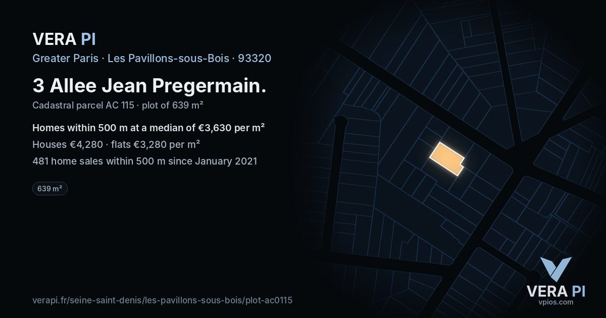 3 Allee Jean Pregermain, Les Pavillons-sous-Bois at night – the plot lit, the parcels around coloured by the prices near them
