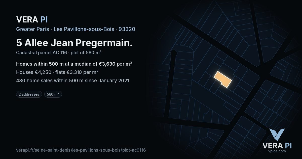 5 Allee Jean Pregermain, Les Pavillons-sous-Bois at night – the plot lit, the parcels around coloured by the prices near them