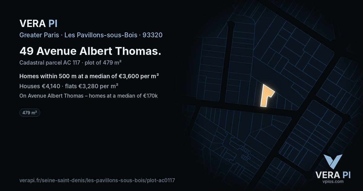 49 Avenue Albert Thomas, Les Pavillons-sous-Bois at night – the plot lit, the parcels around coloured by the prices near them