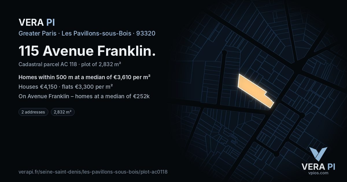 115 Avenue Franklin, Les Pavillons-sous-Bois at night – the plot lit, the parcels around coloured by the prices near them