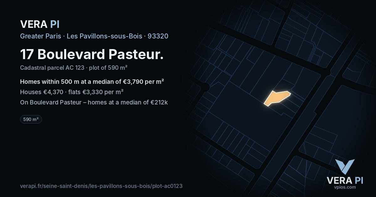 17 Boulevard Pasteur, Les Pavillons-sous-Bois at night – the plot lit, the parcels around coloured by the prices near them