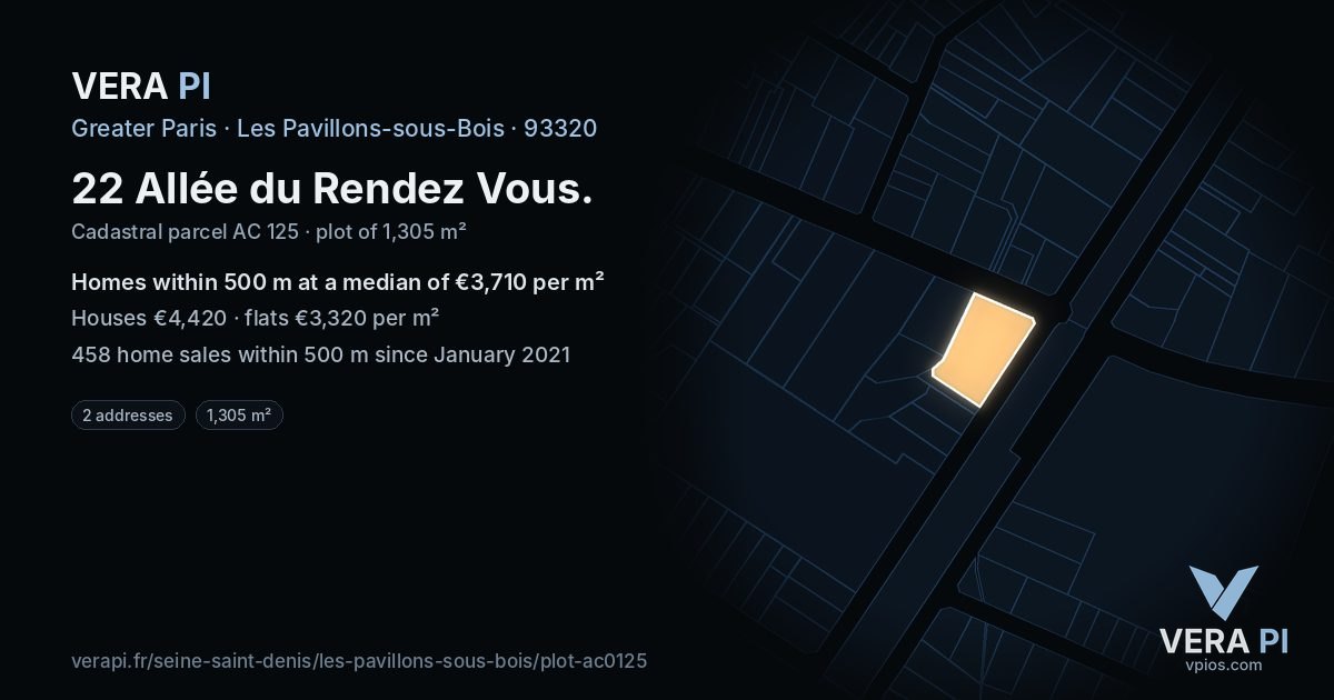 22 Allée du Rendez Vous, Les Pavillons-sous-Bois at night – the plot lit, the parcels around coloured by the prices near them