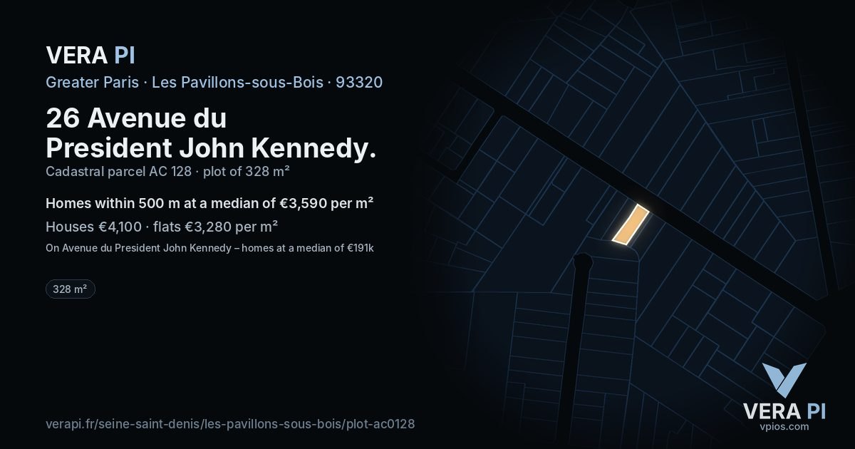 26 Avenue du President John Kennedy, Les Pavillons-sous-Bois at night – the plot lit, the parcels around coloured by the prices near them