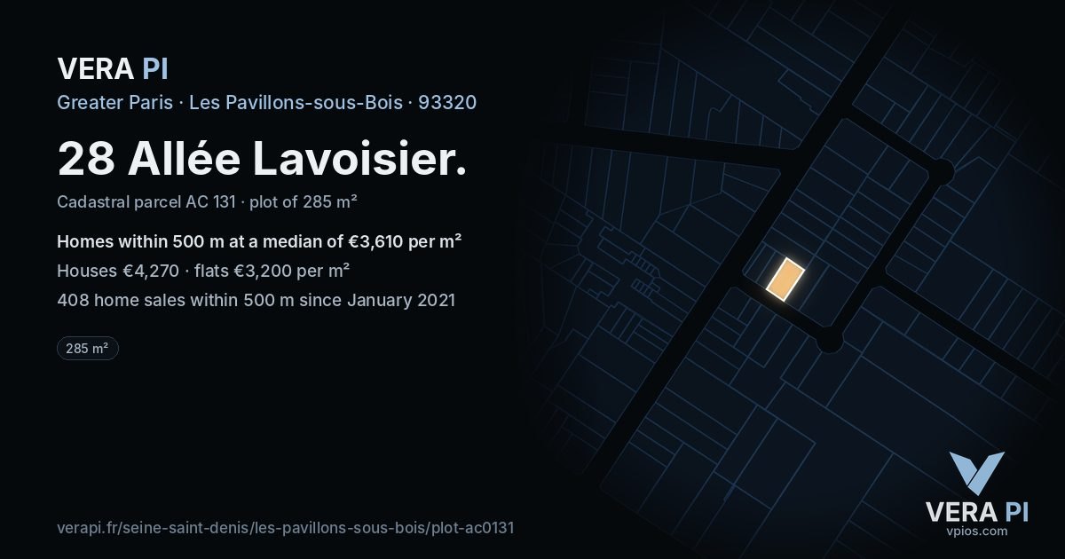 28 Allée Lavoisier, Les Pavillons-sous-Bois at night – the plot lit, the parcels around coloured by the prices near them