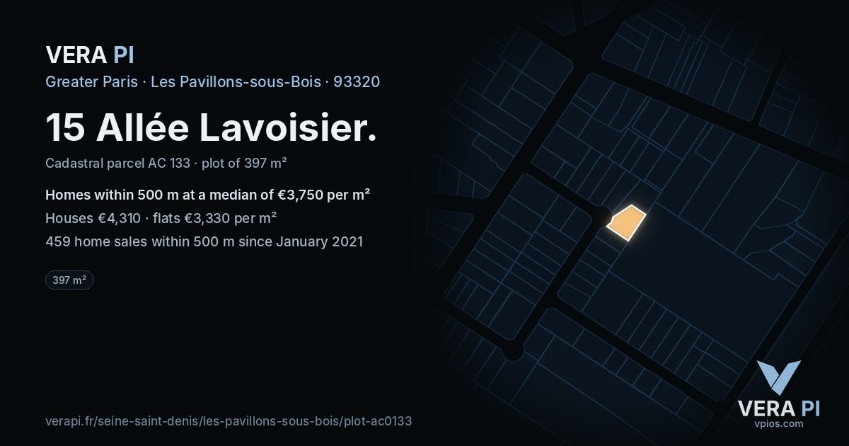 15 Allée Lavoisier, Les Pavillons-sous-Bois at night – the plot lit, the parcels around coloured by the prices near them