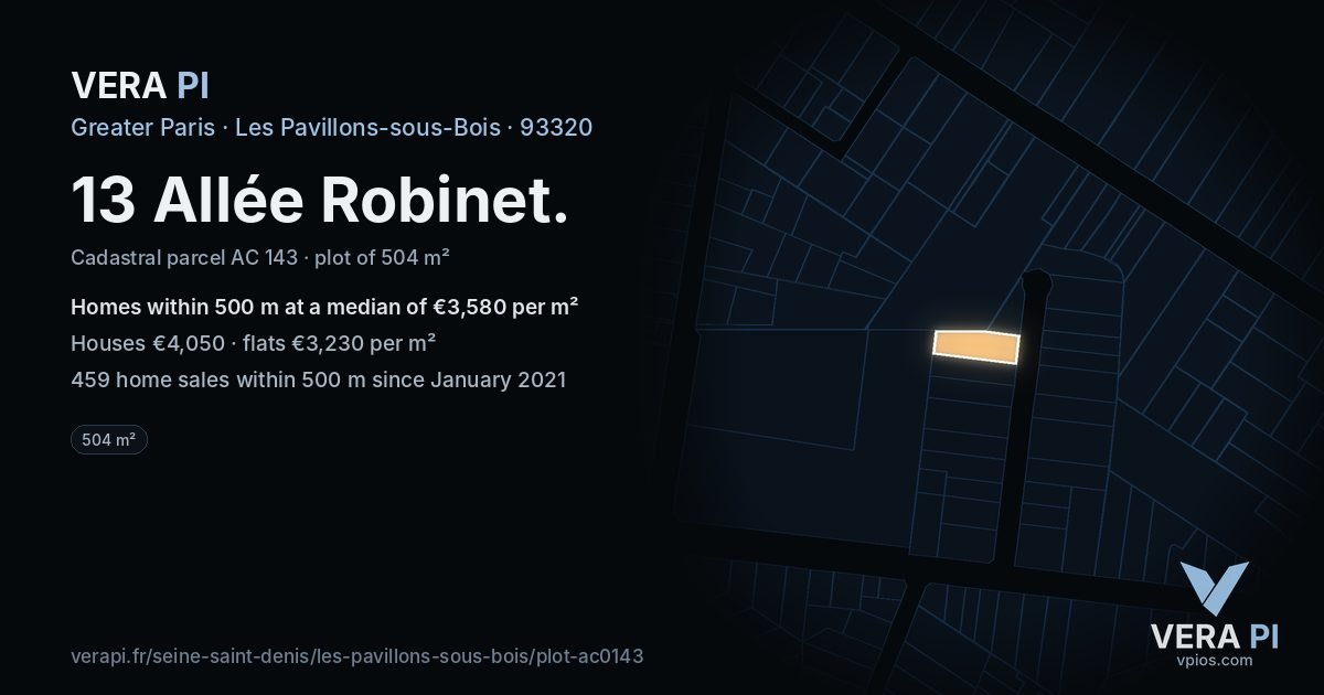 13 Allée Robinet, Les Pavillons-sous-Bois at night – the plot lit, the parcels around coloured by the prices near them
