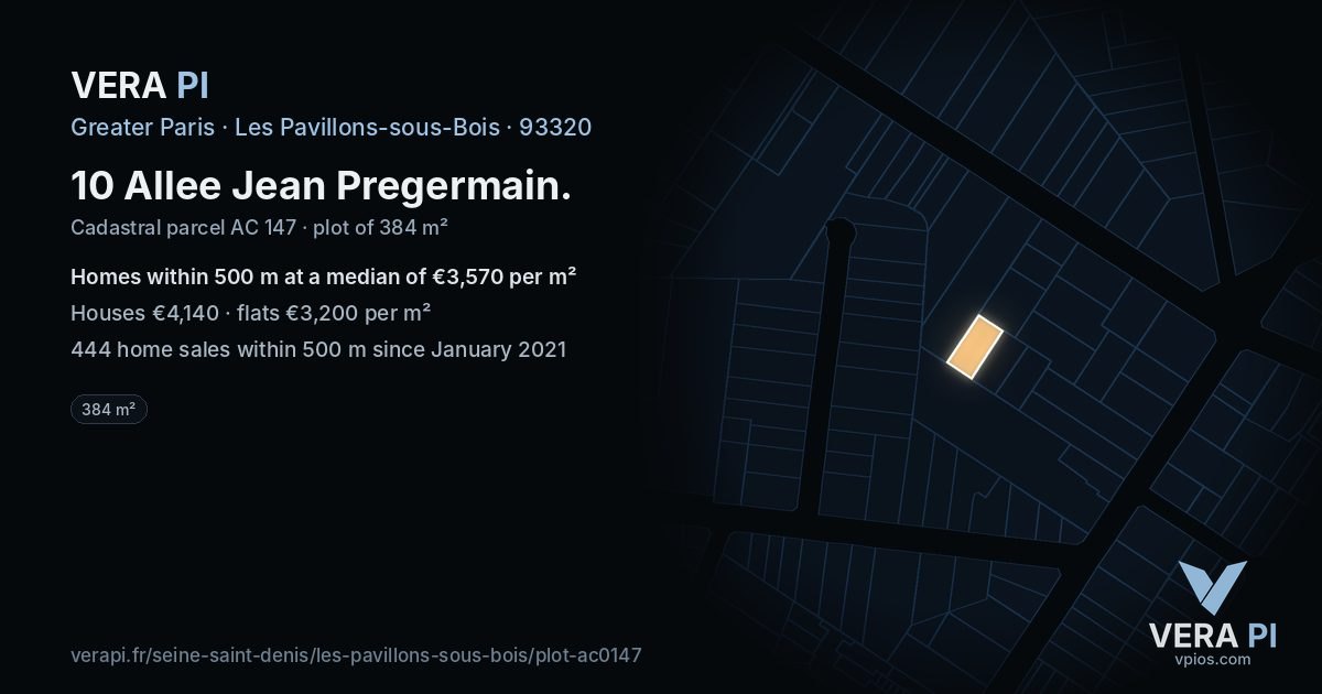 10 Allee Jean Pregermain, Les Pavillons-sous-Bois at night – the plot lit, the parcels around coloured by the prices near them