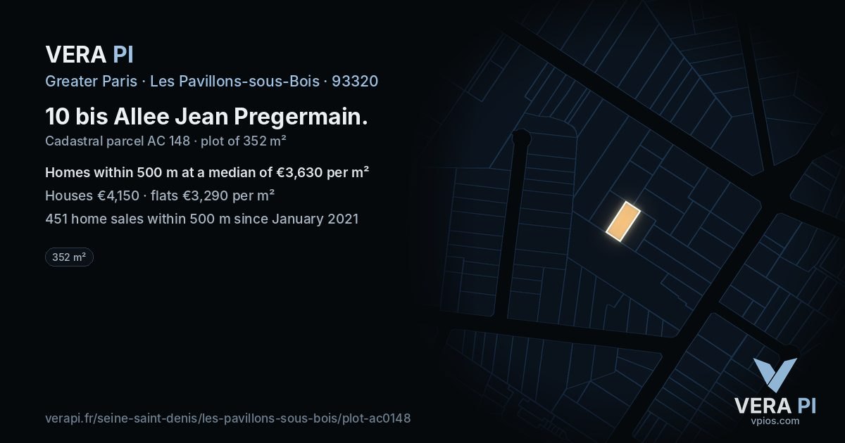 10 bis Allee Jean Pregermain, Les Pavillons-sous-Bois at night – the plot lit, the parcels around coloured by the prices near them