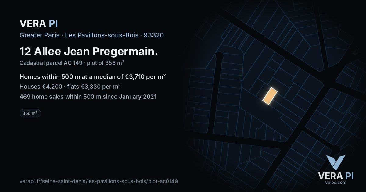 12 Allee Jean Pregermain, Les Pavillons-sous-Bois at night – the plot lit, the parcels around coloured by the prices near them