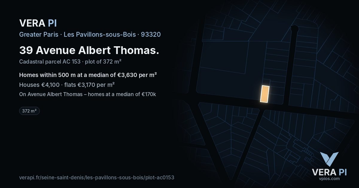 39 Avenue Albert Thomas, Les Pavillons-sous-Bois at night – the plot lit, the parcels around coloured by the prices near them