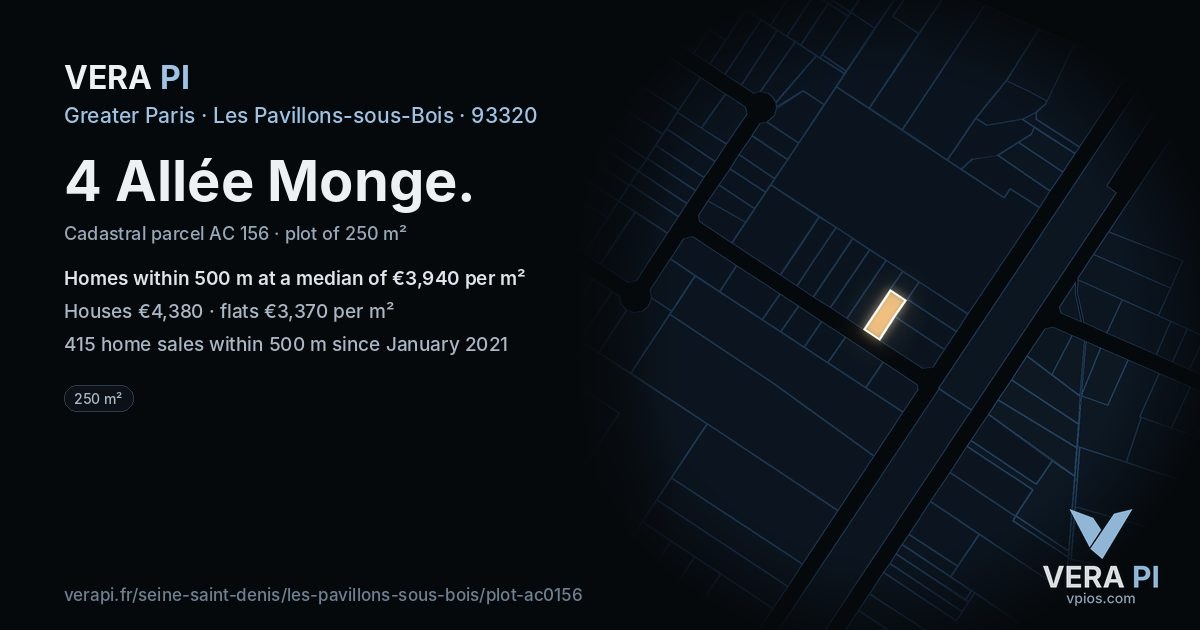4 Allée Monge, Les Pavillons-sous-Bois at night – the plot lit, the parcels around coloured by the prices near them