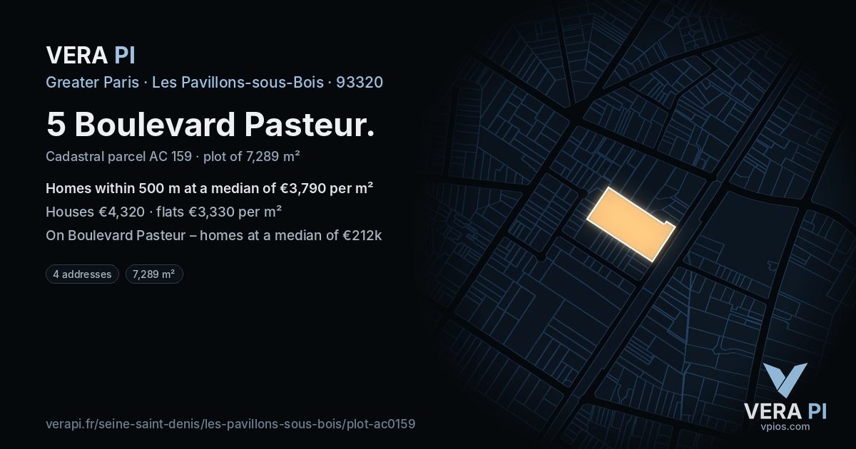 5 Boulevard Pasteur, Les Pavillons-sous-Bois at night – the plot lit, the parcels around coloured by the prices near them