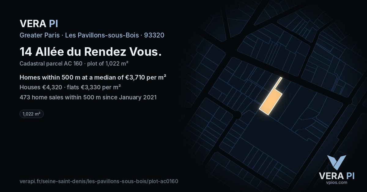 14 Allée du Rendez Vous, Les Pavillons-sous-Bois at night – the plot lit, the parcels around coloured by the prices near them