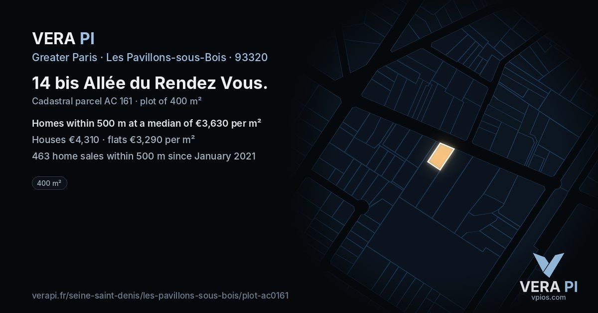 14 bis Allée du Rendez Vous, Les Pavillons-sous-Bois at night – the plot lit, the parcels around coloured by the prices near them