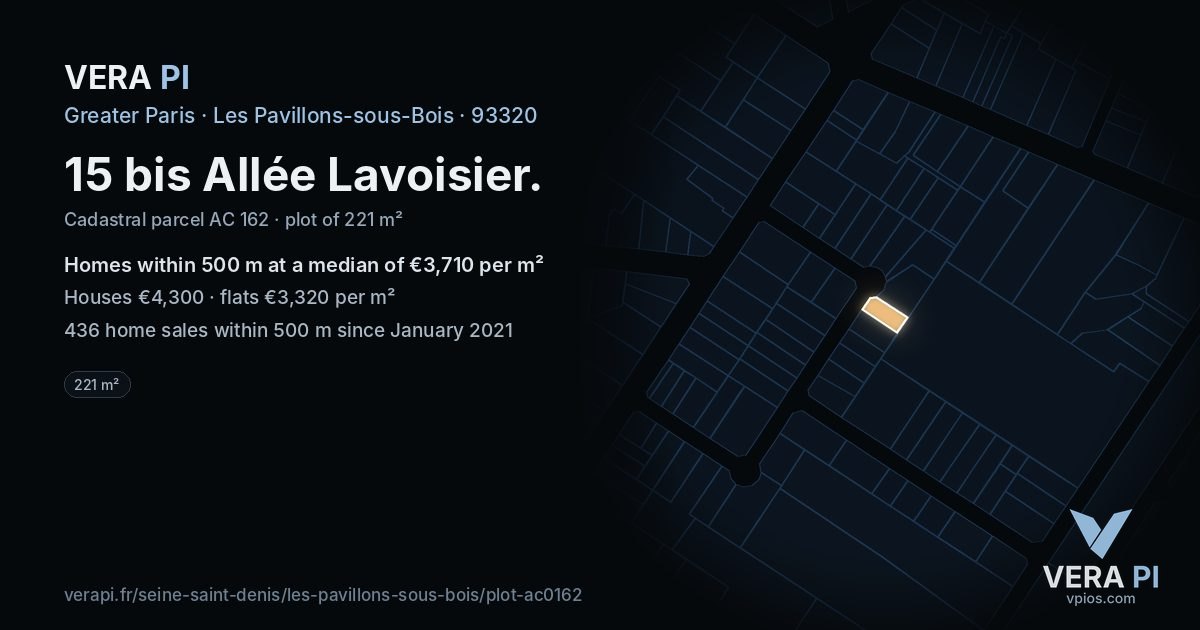 15 bis Allée Lavoisier, Les Pavillons-sous-Bois at night – the plot lit, the parcels around coloured by the prices near them