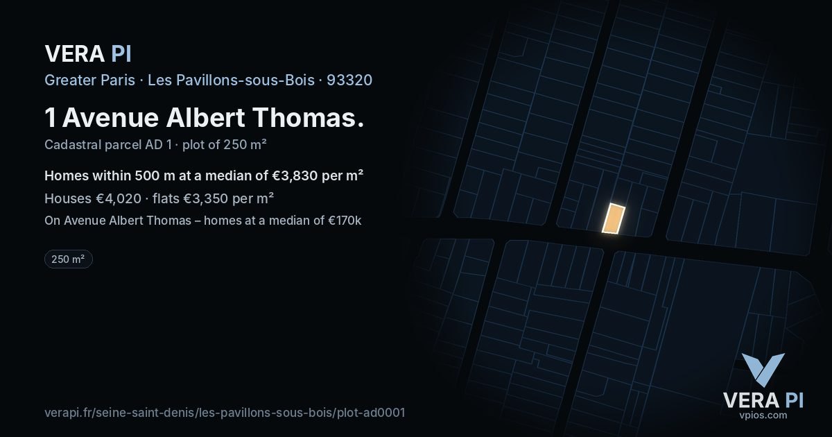 1 Avenue Albert Thomas, Les Pavillons-sous-Bois at night – the plot lit, the parcels around coloured by the prices near them