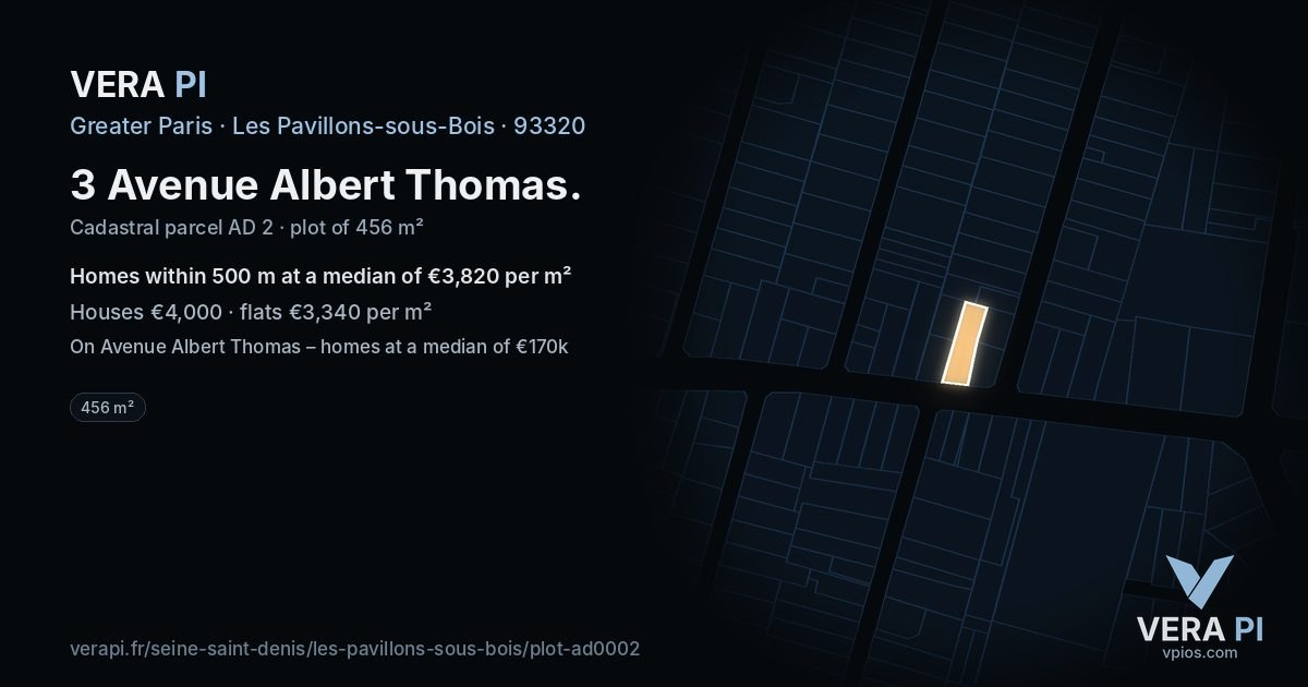 3 Avenue Albert Thomas, Les Pavillons-sous-Bois at night – the plot lit, the parcels around coloured by the prices near them