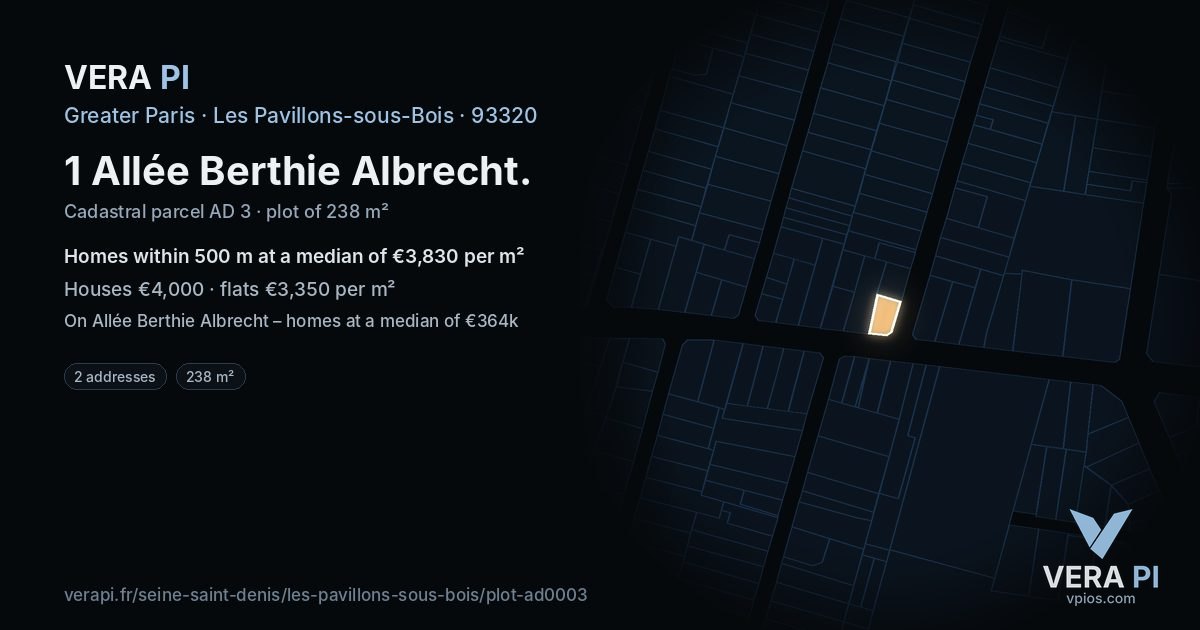 1 Allée Berthie Albrecht, Les Pavillons-sous-Bois at night – the plot lit, the parcels around coloured by the prices near them