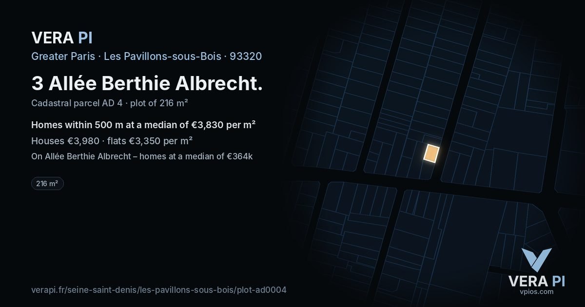 3 Allée Berthie Albrecht, Les Pavillons-sous-Bois at night – the plot lit, the parcels around coloured by the prices near them