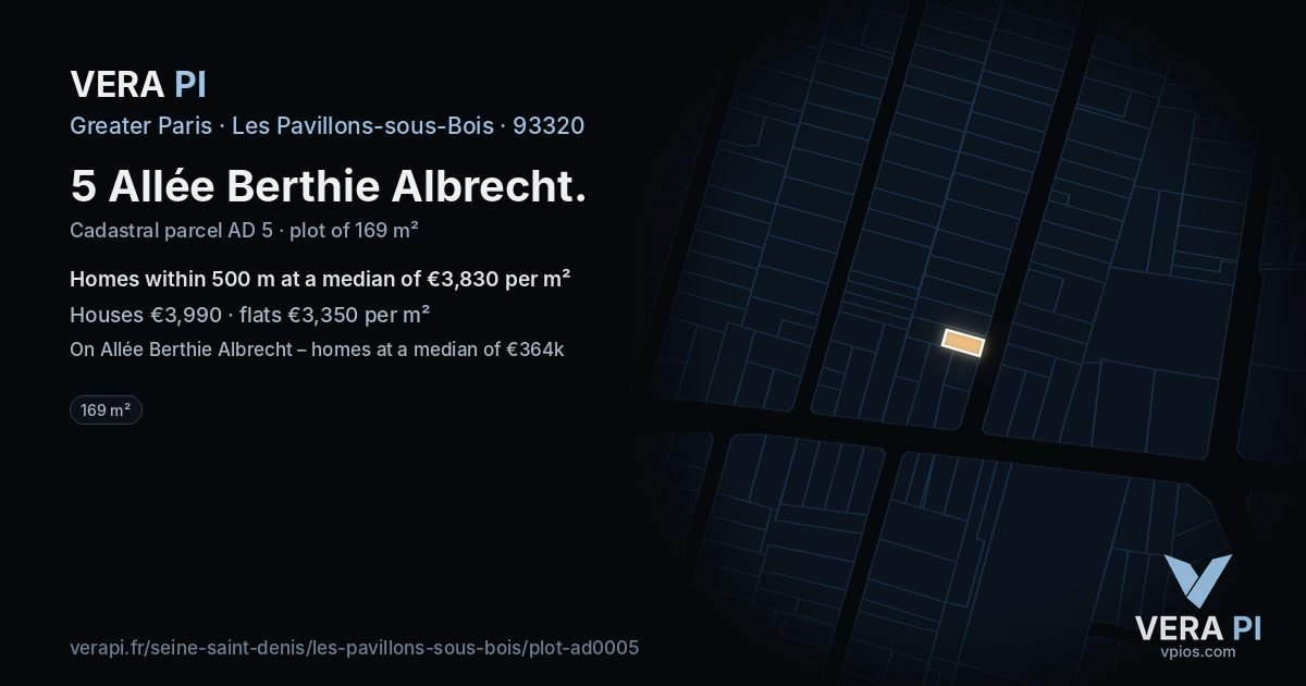 5 Allée Berthie Albrecht, Les Pavillons-sous-Bois at night – the plot lit, the parcels around coloured by the prices near them