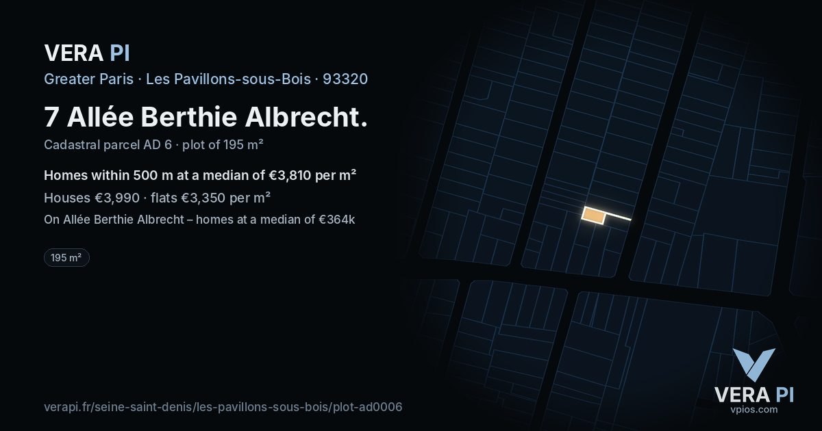 7 Allée Berthie Albrecht, Les Pavillons-sous-Bois at night – the plot lit, the parcels around coloured by the prices near them