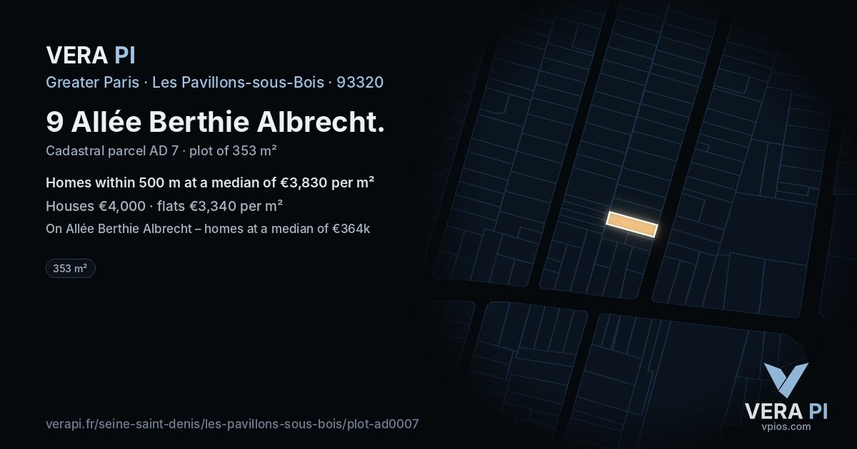 9 Allée Berthie Albrecht, Les Pavillons-sous-Bois at night – the plot lit, the parcels around coloured by the prices near them