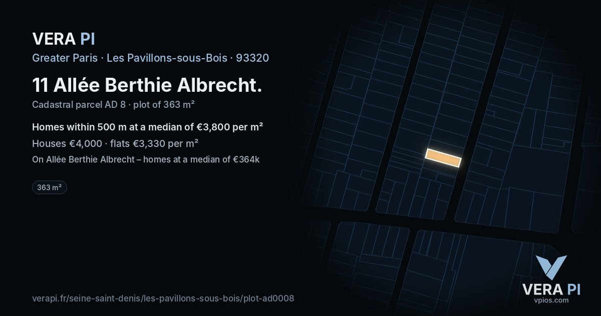 11 Allée Berthie Albrecht, Les Pavillons-sous-Bois at night – the plot lit, the parcels around coloured by the prices near them
