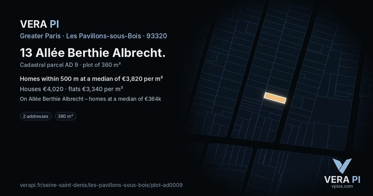 13 Allée Berthie Albrecht, Les Pavillons-sous-Bois at night – the plot lit, the parcels around coloured by the prices near them