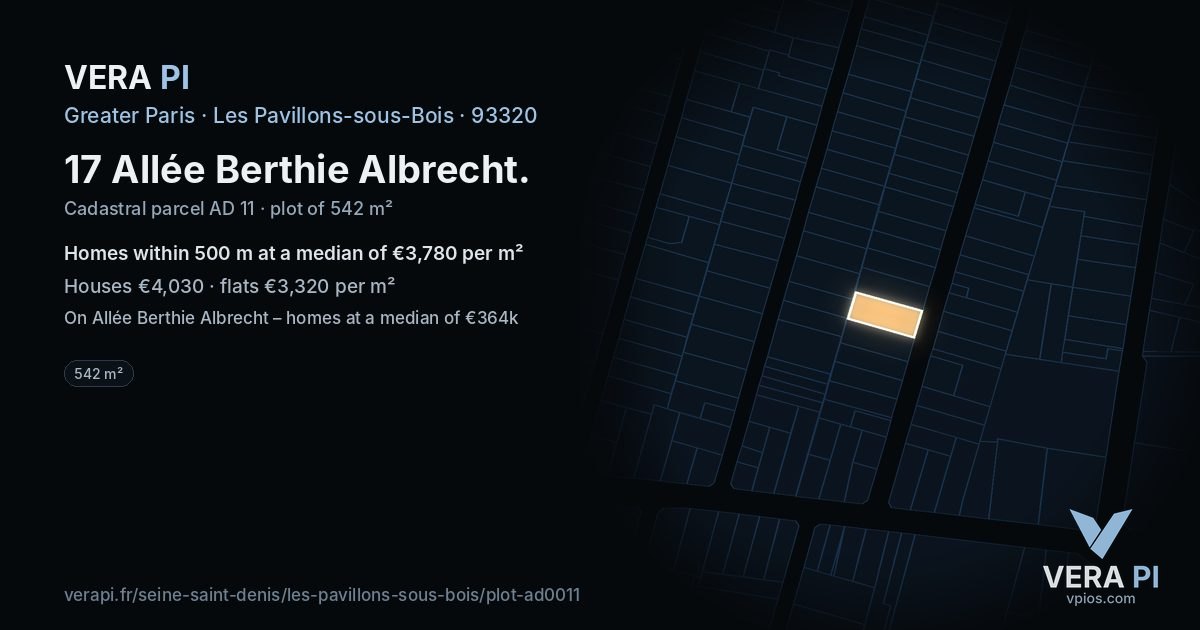 17 Allée Berthie Albrecht, Les Pavillons-sous-Bois at night – the plot lit, the parcels around coloured by the prices near them
