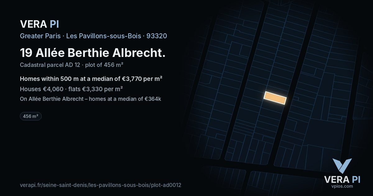 19 Allée Berthie Albrecht, Les Pavillons-sous-Bois at night – the plot lit, the parcels around coloured by the prices near them