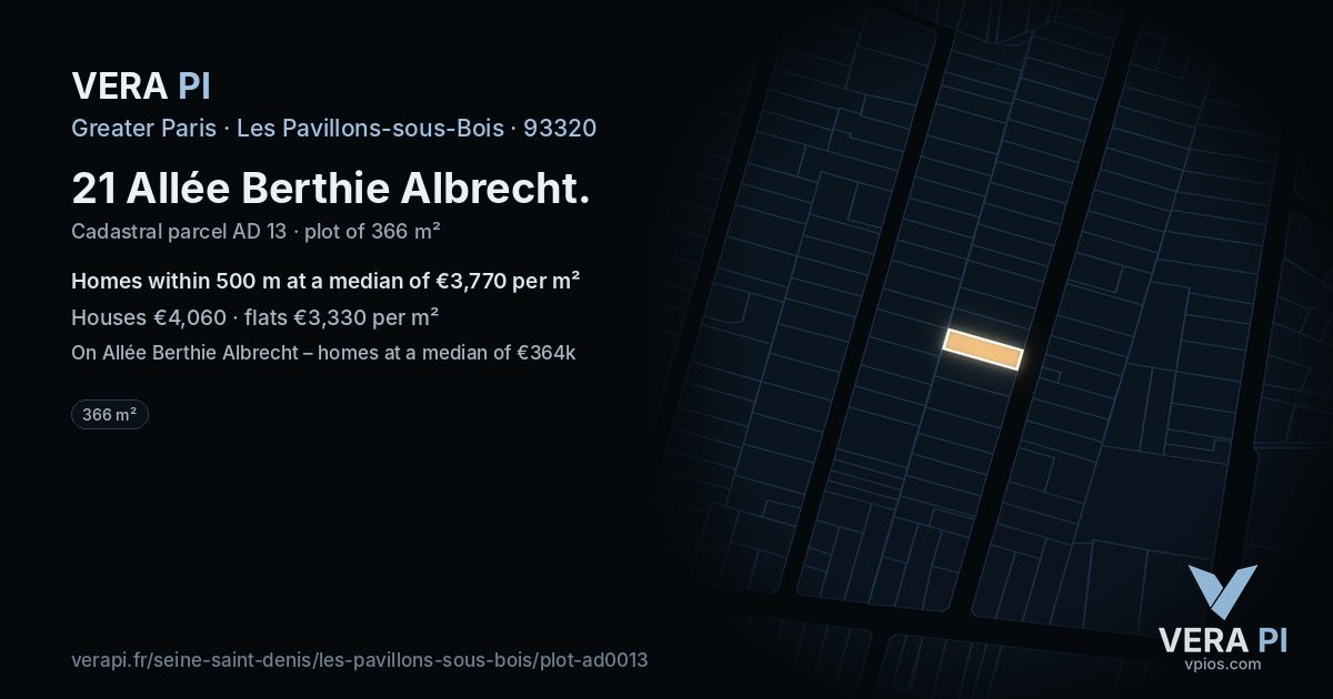 21 Allée Berthie Albrecht, Les Pavillons-sous-Bois at night – the plot lit, the parcels around coloured by the prices near them
