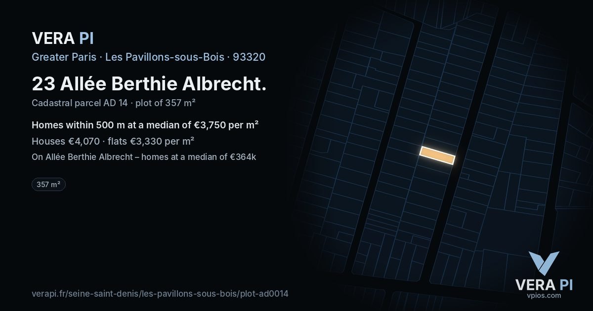 23 Allée Berthie Albrecht, Les Pavillons-sous-Bois at night – the plot lit, the parcels around coloured by the prices near them
