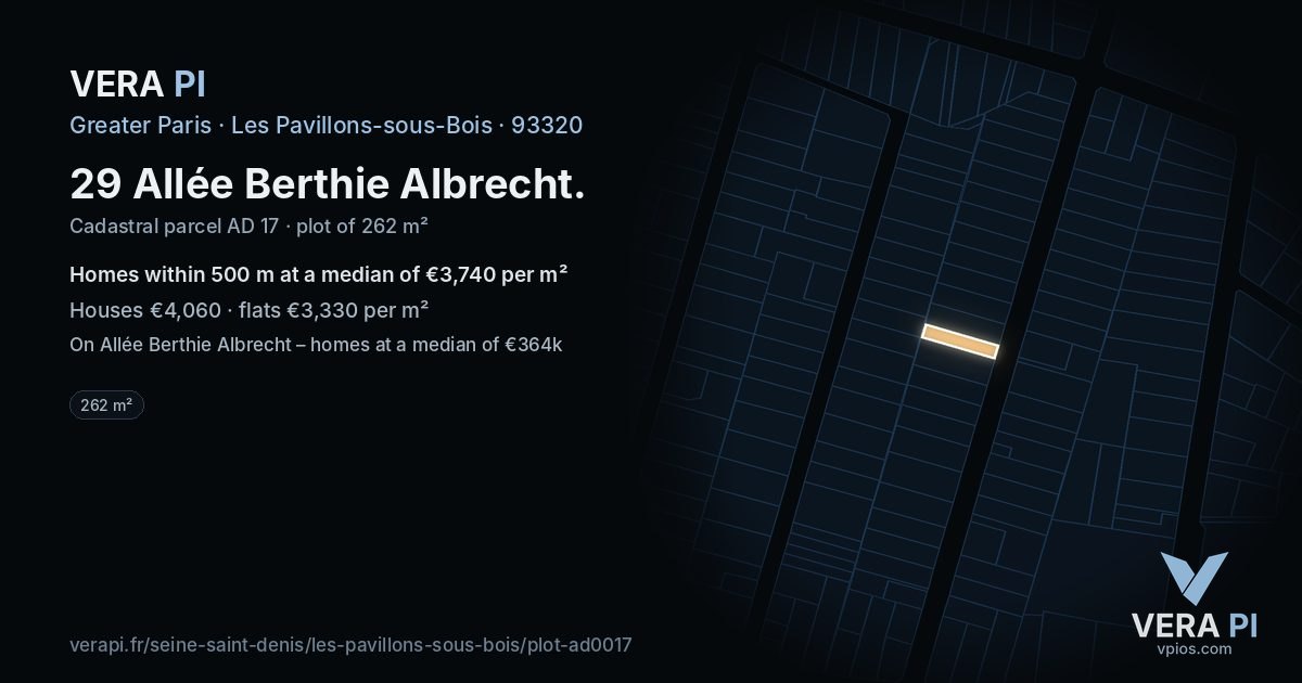 29 Allée Berthie Albrecht, Les Pavillons-sous-Bois at night – the plot lit, the parcels around coloured by the prices near them