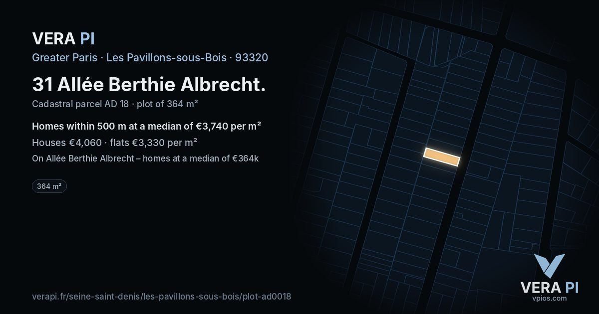 31 Allée Berthie Albrecht, Les Pavillons-sous-Bois at night – the plot lit, the parcels around coloured by the prices near them
