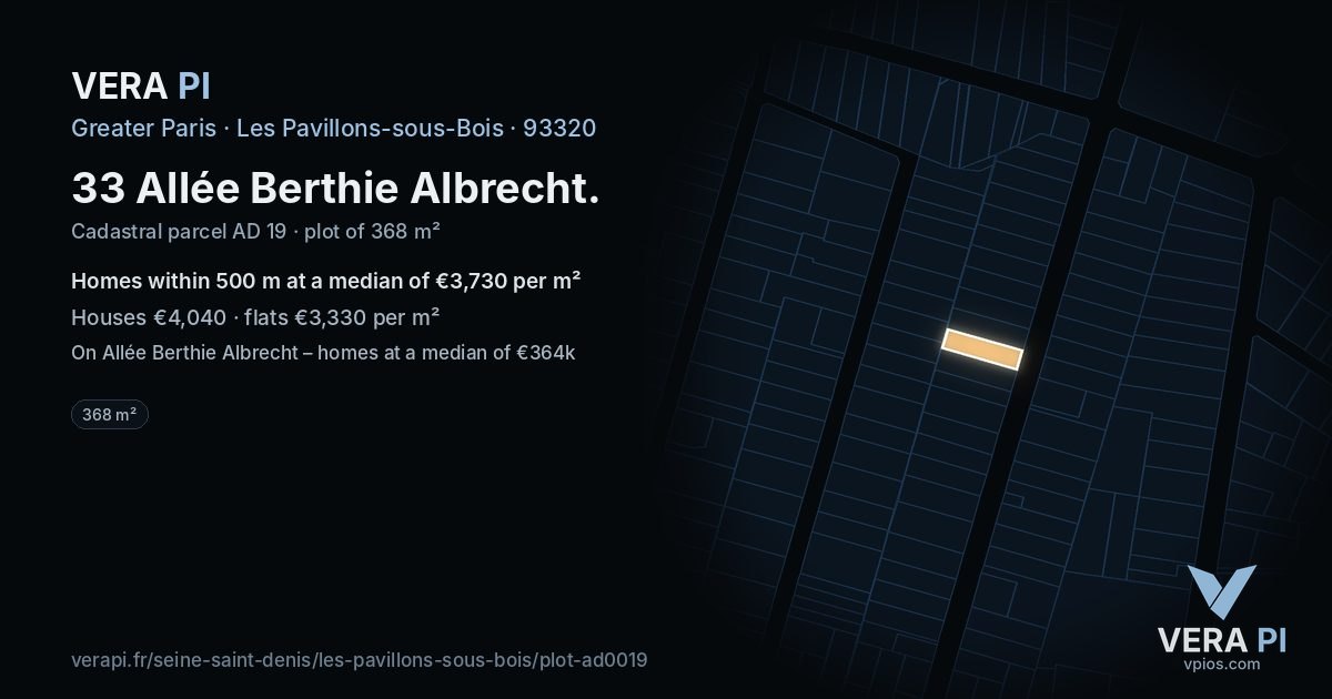 33 Allée Berthie Albrecht, Les Pavillons-sous-Bois at night – the plot lit, the parcels around coloured by the prices near them