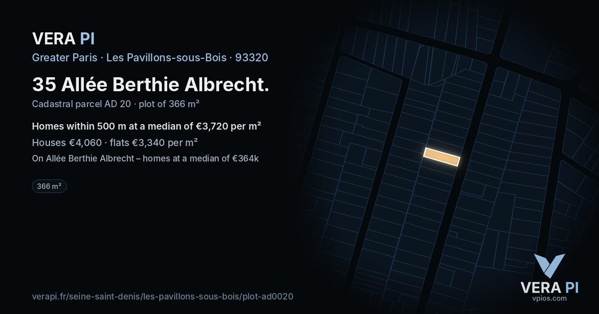 35 Allée Berthie Albrecht, Les Pavillons-sous-Bois at night – the plot lit, the parcels around coloured by the prices near them