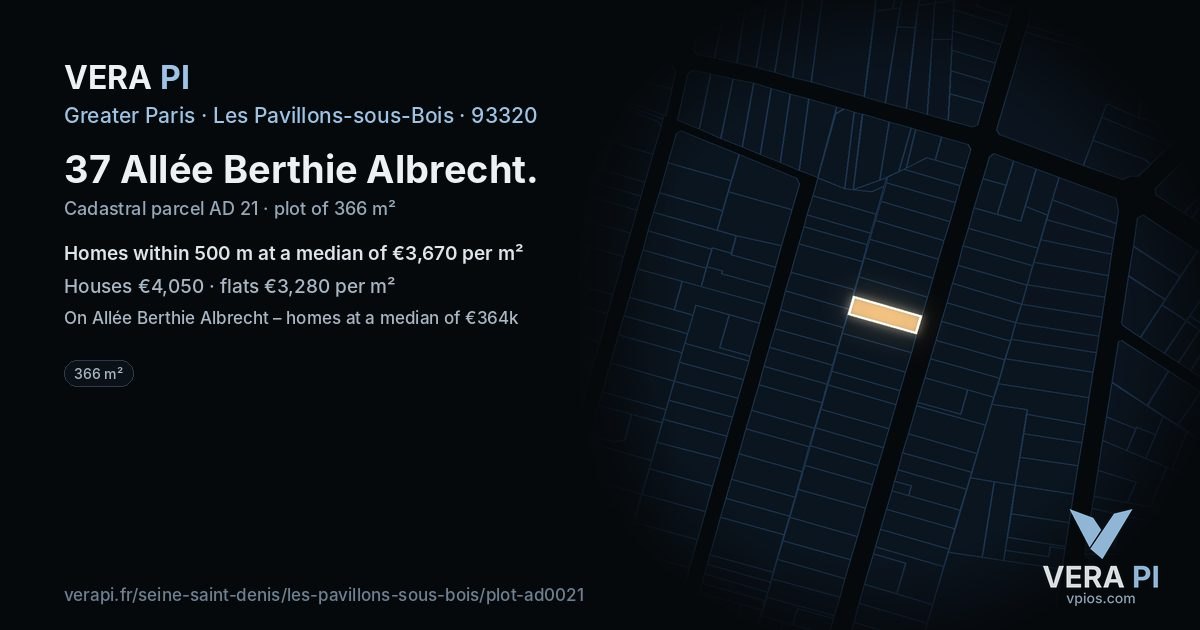 37 Allée Berthie Albrecht, Les Pavillons-sous-Bois at night – the plot lit, the parcels around coloured by the prices near them