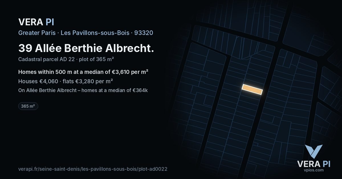 39 Allée Berthie Albrecht, Les Pavillons-sous-Bois at night – the plot lit, the parcels around coloured by the prices near them