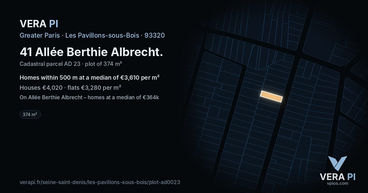 41 Allée Berthie Albrecht, Les Pavillons-sous-Bois at night – the plot lit, the parcels around coloured by the prices near them