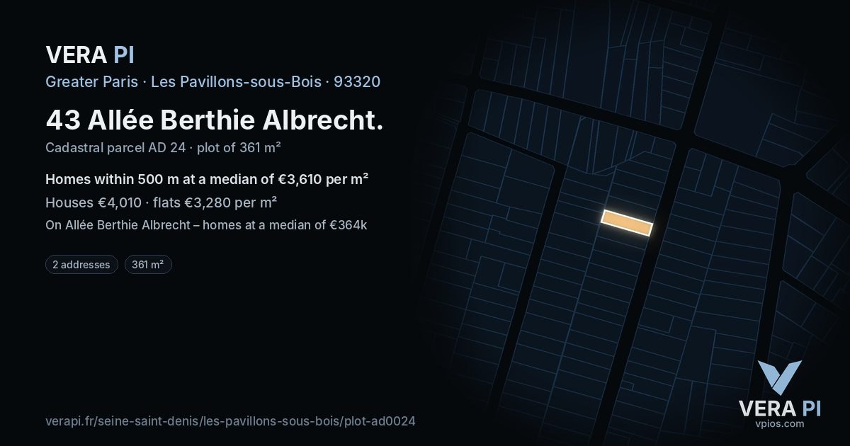 43 Allée Berthie Albrecht, Les Pavillons-sous-Bois at night – the plot lit, the parcels around coloured by the prices near them