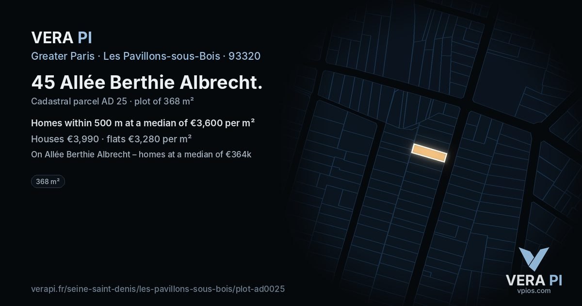 45 Allée Berthie Albrecht, Les Pavillons-sous-Bois at night – the plot lit, the parcels around coloured by the prices near them