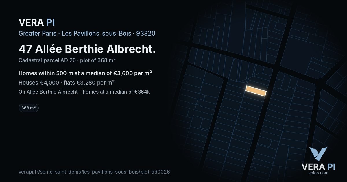47 Allée Berthie Albrecht, Les Pavillons-sous-Bois at night – the plot lit, the parcels around coloured by the prices near them