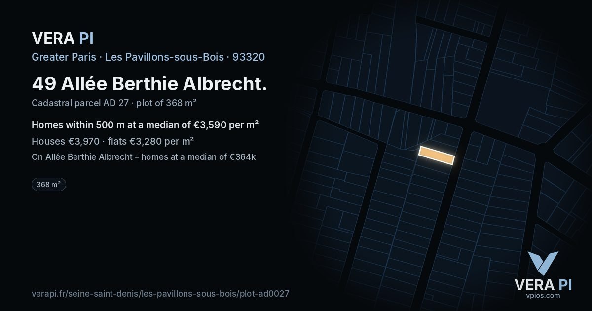 49 Allée Berthie Albrecht, Les Pavillons-sous-Bois at night – the plot lit, the parcels around coloured by the prices near them