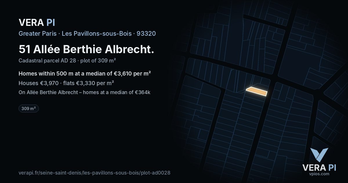 51 Allée Berthie Albrecht, Les Pavillons-sous-Bois at night – the plot lit, the parcels around coloured by the prices near them